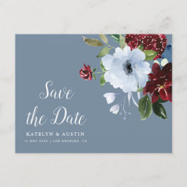 Cartão Postal bordô floral azul poeirento salvar a data