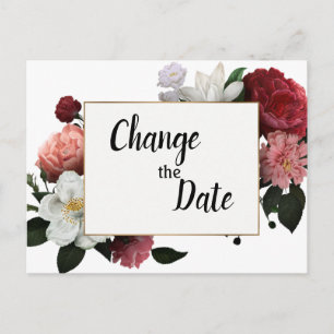 Cartão Postal Borgonha Elegante e Flores Rosa Alteram a Data