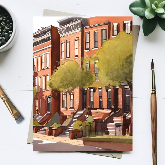 Cartão Postal Boston Brownstones | Beacon Street Watercolor (Criador carregado)