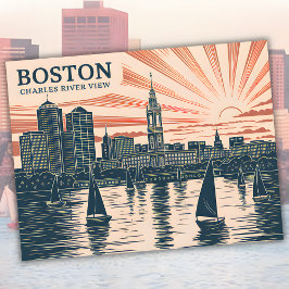 Cartão Postal Boston Charles River Sailboat Skyline Art Vintage