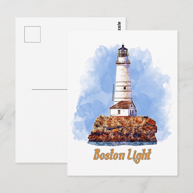 Cartão Postal Boston Light Lighthouse Watercolor - Massachusetts (Frente/Verso)