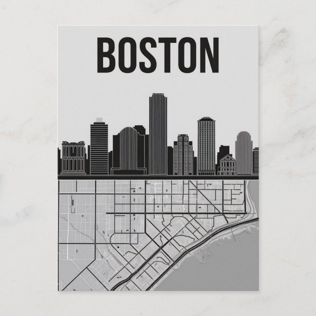 Cartão Postal Boston Massachusetts City Skyline com Mapa (Frente)