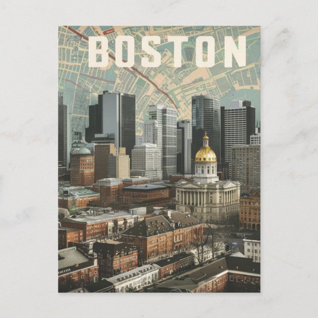 Cartão Postal Boston, Massachusetts City Skyline com Mapa (Frente)