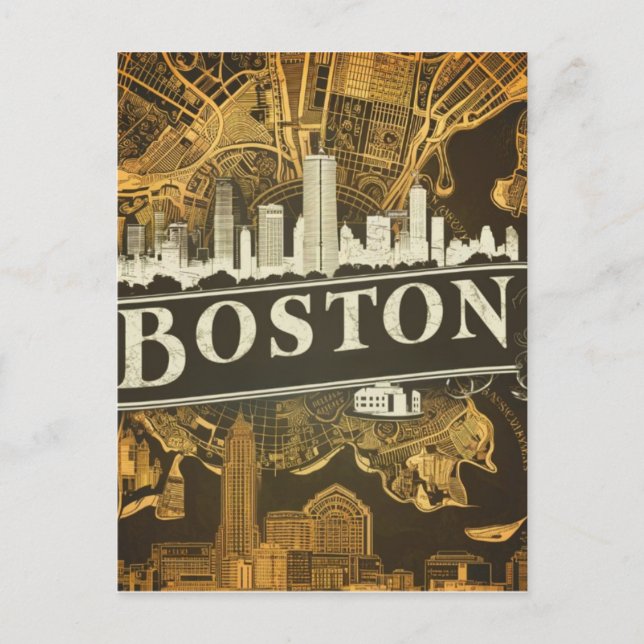 Cartão Postal Boston, Massachusetts City Skyline com Mapa (Frente)