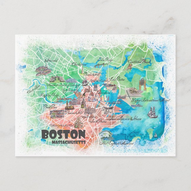 Cartão Postal Boston Massachusetts EUA - Mapa Ilustrado e Estrad (Frente)