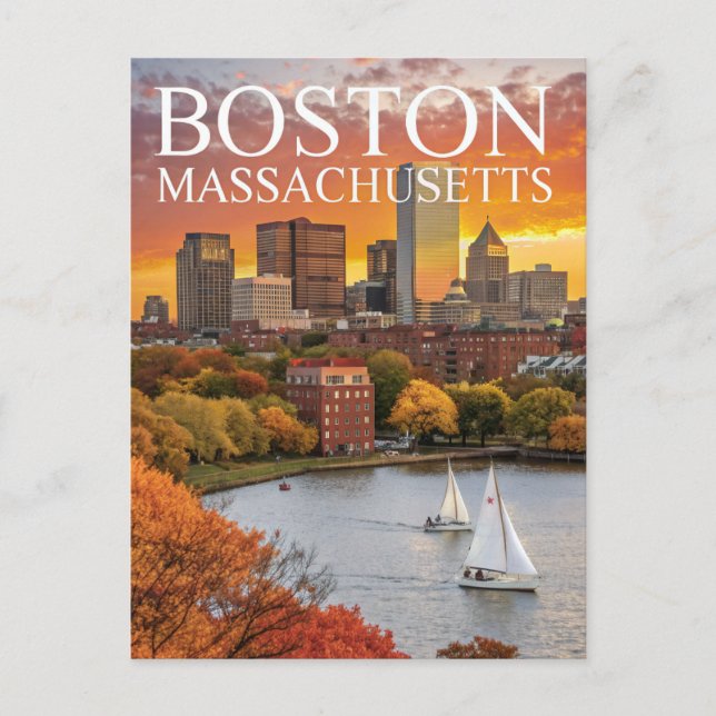 Cartão Postal Boston Massachusetts Skyline Autumn Barcos Posto (Frente)
