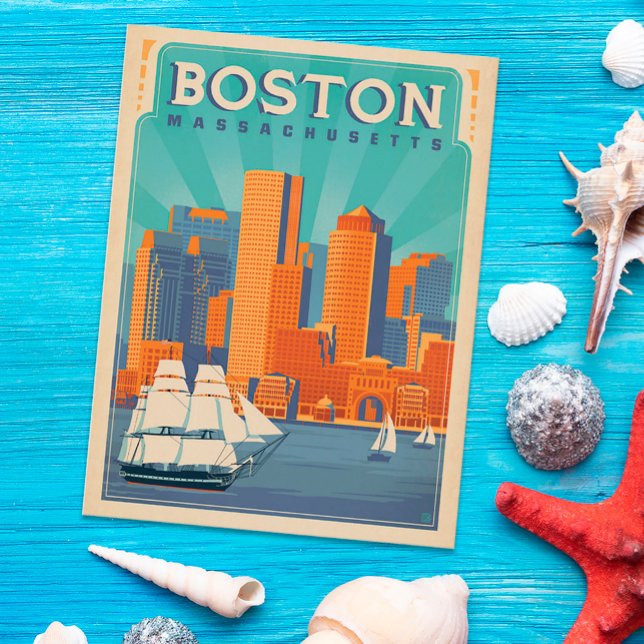Cartão Postal Boston Skyline & Sailboat | Massachusetts (Postcard on table)