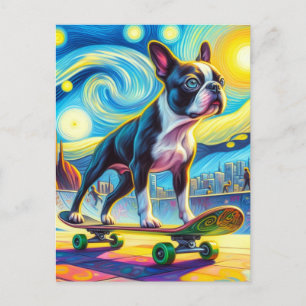 Cartão Postal Boston Terrier Colorido de Skate com Van Gogh