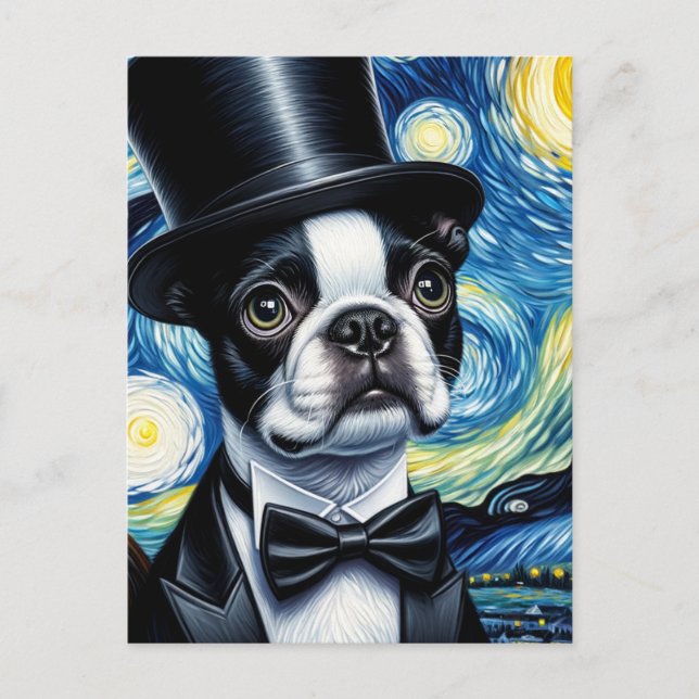 Cartão Postal Boston Terrier com Cartola Van Gogh (Frente)