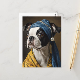 Cartão Postal Boston Terrier com Pérola tocando paródia de arte
