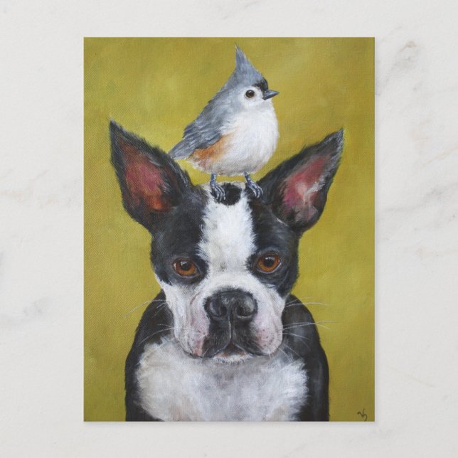 Cartão postal Boston Terrier e titmouse (Frente)
