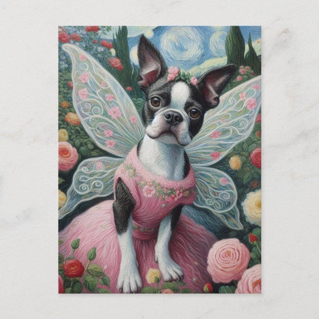 Cartão Postal Boston Terrier Fairy em um jardim de flores (Frente)