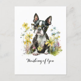 Cartão Postal Boston Terrier Glass Pensamento Floral de Você