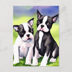 Cartão Postal Boston Terrier Puppies Watercolor