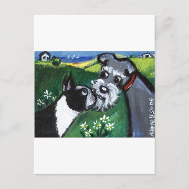 Cartão Postal Boston Terrier & Schnauzer sniff (Frente)