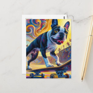 Cartão Postal Boston Terrier Skate Colorida
