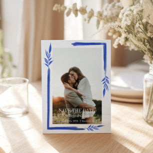 Cartão Postal Botânica Azul Elegante Salvar a Data