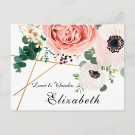 Cartão Postal Botânica Floral Coral Rosa Moderna Obrigado