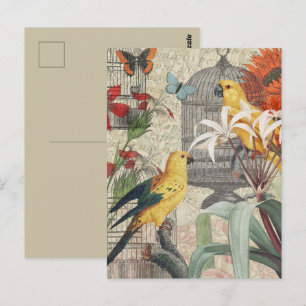 Cartão Postal Botânica Vintage de Pássaros Natureza Antiga Tropi