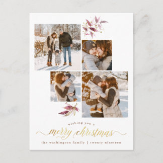 Cartão Postal Botânica Watercolor e Dourada Foto de Natal Feliz