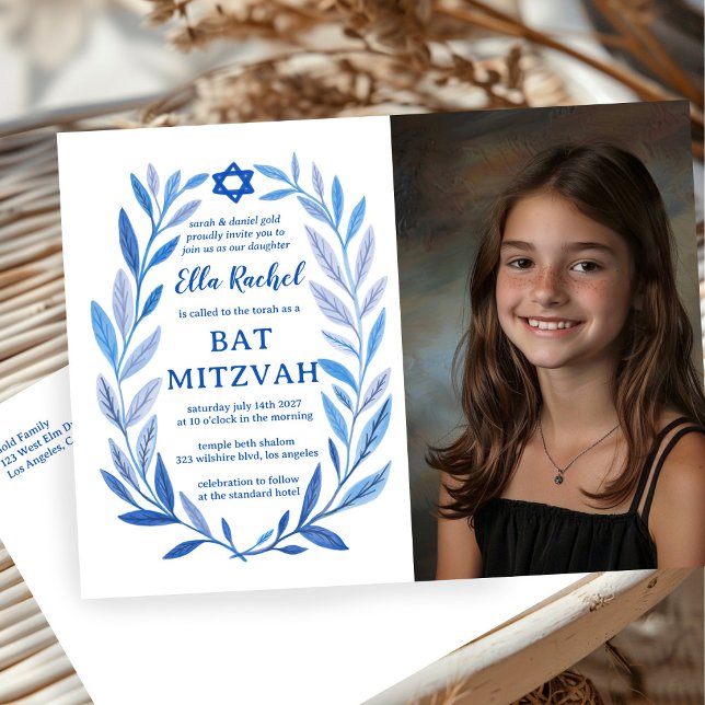 Cartão Postal Botânica Watercolor PERSONALIZADA PHOTO Bat Bar Mi (Botanical Watercolor CUSTOM PHOTO Bat Bar Mitzvah Postcard
)