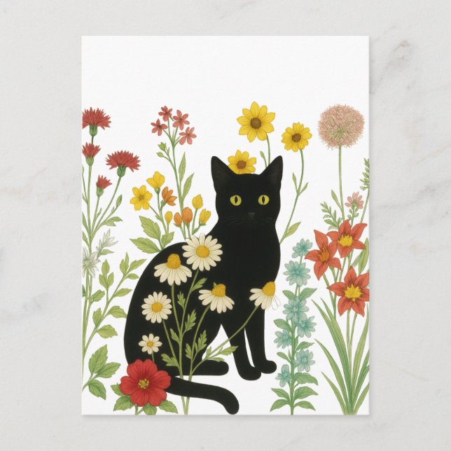 Cartão Postal Botanical Nature – Black Cat in Wildflower Garden (Frente)