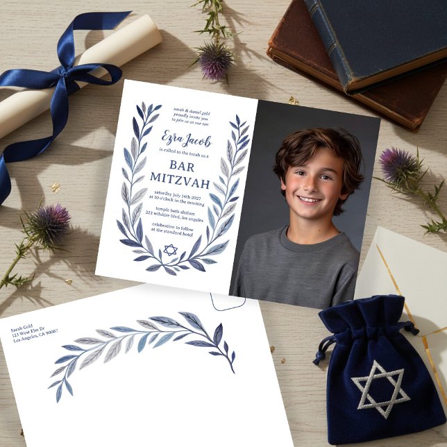 Cartão Postal Botanical Watercolor CUSTOM PHOTO Bat Bar Mitzvah (Botanical Watercolor CUSTOM PHOTO Bat Bar Mitzvah Invitation Postcard
)