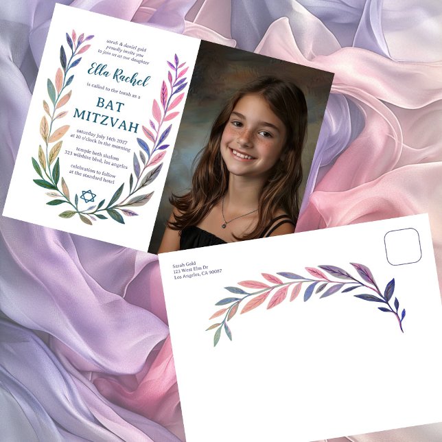 Cartão Postal Botanical Watercolor CUSTOM PHOTO Bat Bar Mitzvah (Botanical Watercolor CUSTOM PHOTO Bat Bar Mitzvah Postcard Invitation
)