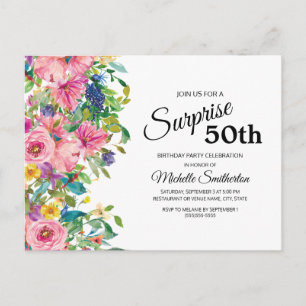 Cartão Postal Botânico Rosa Azul Aquarela Floral 50º Aniversário