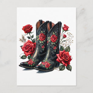 Cartão Postal Botas de Cowboy Pretas com Rosas Vermelhas