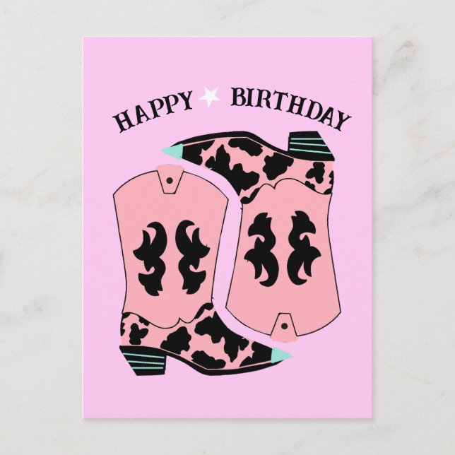 Cartão Postal Botas Ocidentais de Cowgirl Rosa Aniversário de Co (Frente)
