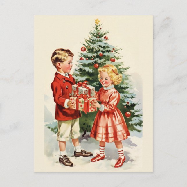 Cartão Postal Boy and girl giving each other Christmas presents (Frente)
