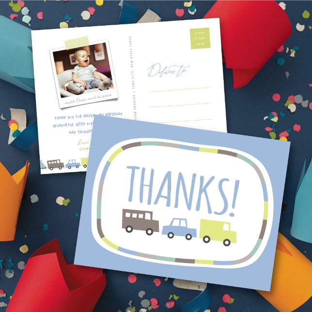 Cartão Postal Boys Toys Pastel Blue Kid Festa de aniversário Obr (Boys Toys Pastel Blue Cute Transport Kid's Birthday Party Thank You Postcard by fatfatin @ Zazzle)
