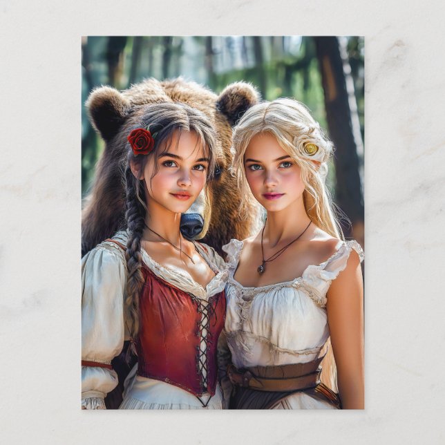 Cartão Postal Branca de Neve e Rosa Vermelha com o Urso (Frente)