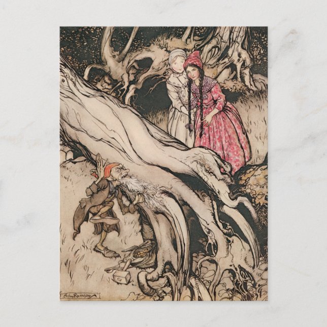 Cartão Postal Branca de Neve e Vermelho Rosa por Arthur Rackham (Frente)