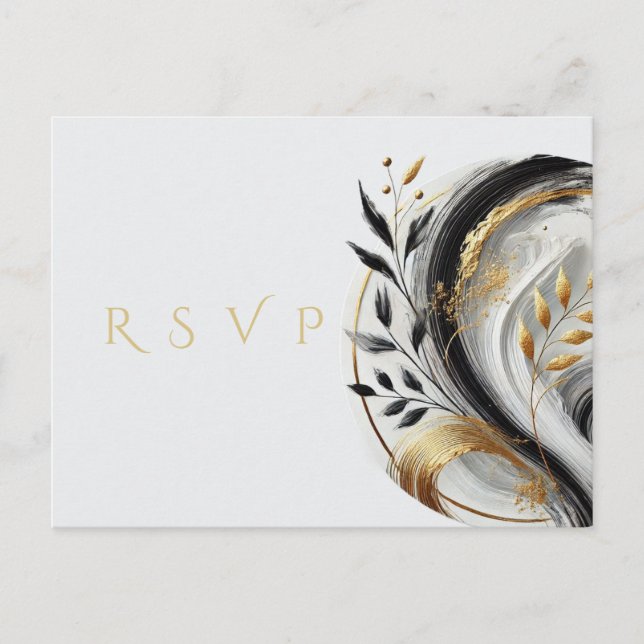 Cartão Postal Branca Preta e Casamento Dourado do RSVP Moderno - (Frente)