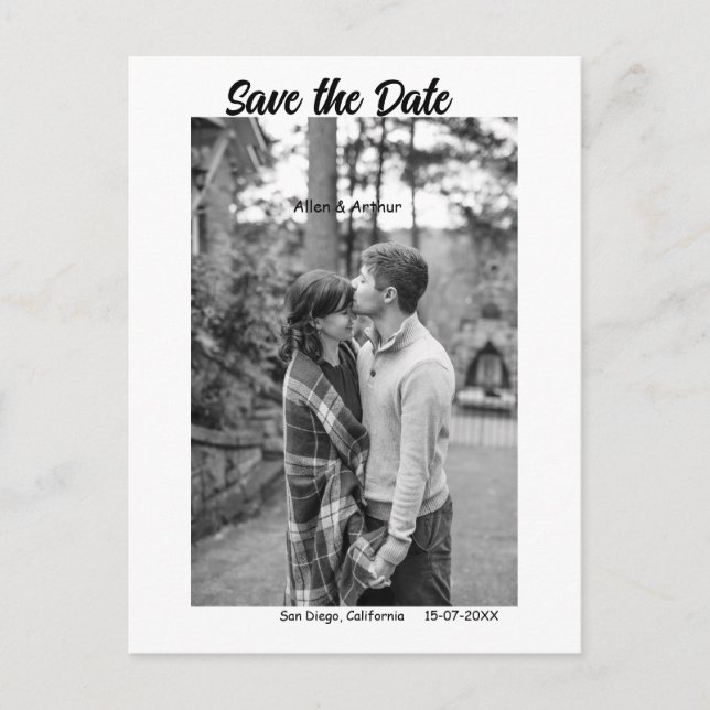 Cartão Postal branco preto salvar a data QR adicionar nome do si (Frente)