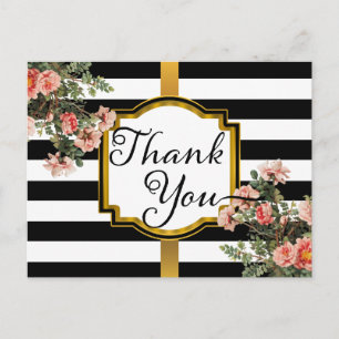 Cartão Postal Branco White Stripes Vintage Floral Obrigado