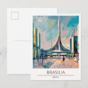 Cartão Postal Brasília Brasil Ilustração de Arte Vintage Viagem