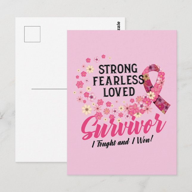 Cartão Postal Breast Cancer Survivor Strong Fearless Loved (Frente/Verso)
