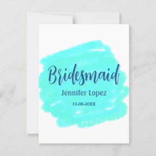 Cartão Postal Bridesmaid azul verde aquarela adiciona nome data