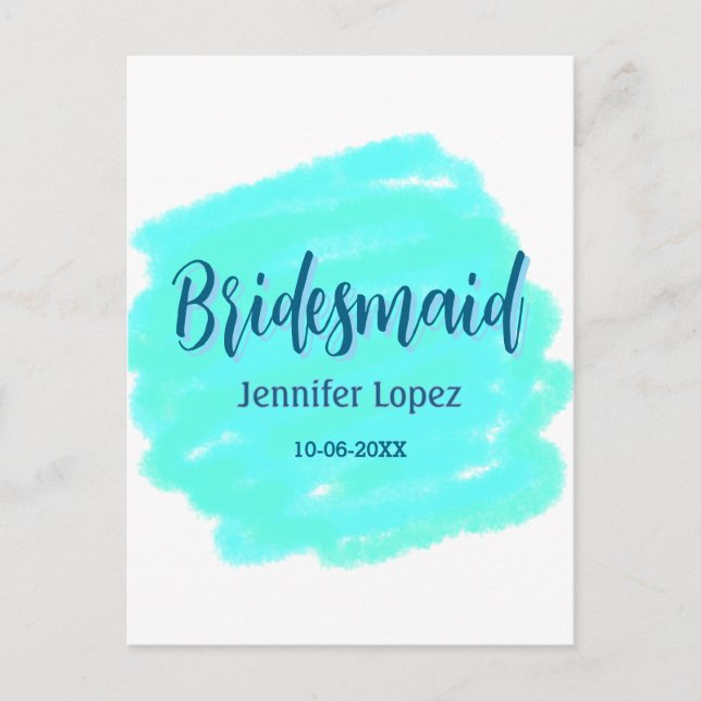 Cartão Postal Bridesmaid azul verde aquarela adiciona nome data  (Frente)