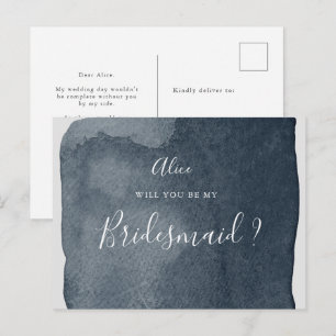 Cartão Postal bridesmaid de lavagem azul de aço com aquarela Con