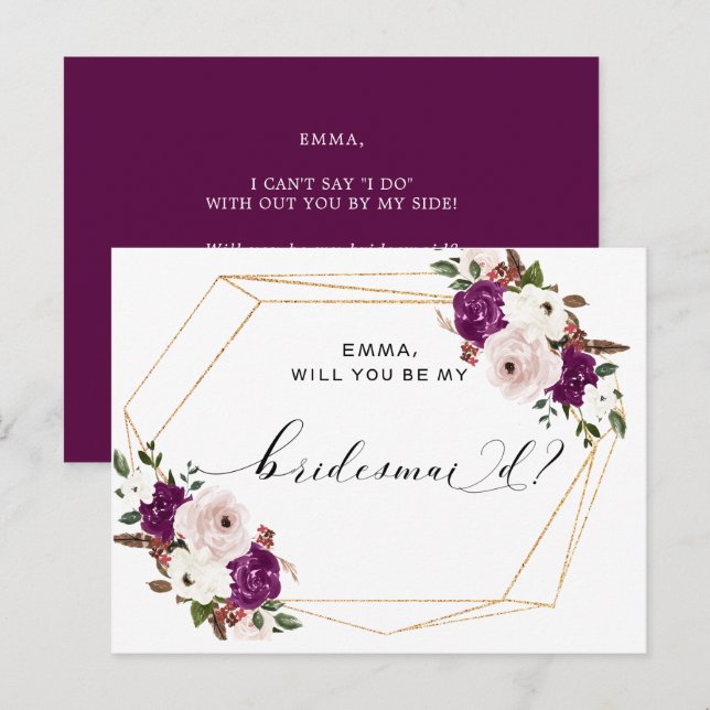 Cartão Postal Bridesmaid Floral Rosa Púrpura Moderna (Frente/Verso)