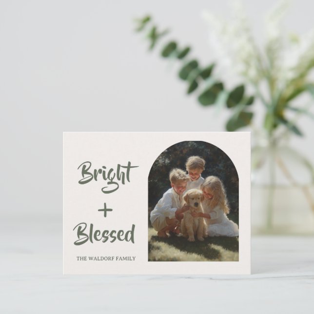 Cartão Postal Bright & Blessed Photo Family | Holiday Card (Em pé/Frente)