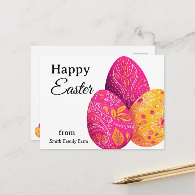 Cartão Postal Bright Easter Eggs In Pink and Yellow (Frente/Verso In Situ)