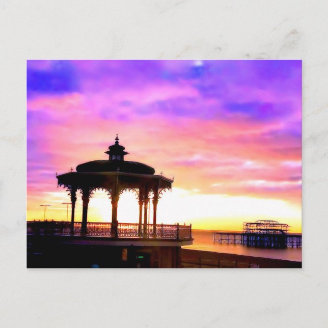 Cartão Postal Brighton Bandstand e West Pier com pôr do sol (Frente)