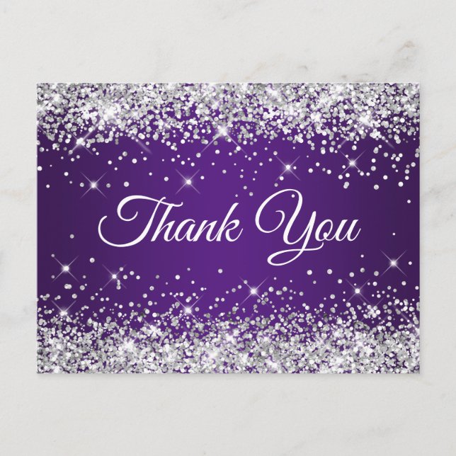 Cartão Postal Brilhante Prata Glitter Roxo Real Obrigado (Frente)