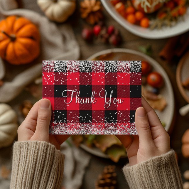 Cartão Postal Brilhante Prata Lantejoulas Vermelho Xadrez Americ (Sparkly Silver Glitter Red Buffalo Plaid Thank You Postcard)