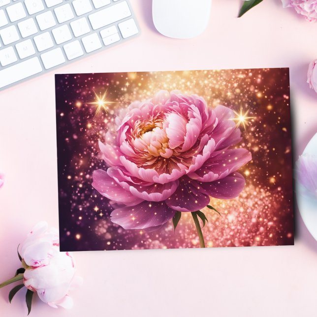 Cartão Postal Brilhante Rosa Faíscas Cor-de-Rosa  (Share love with a dazzling Pink Peony card, sparkling with glitter bokeh.)